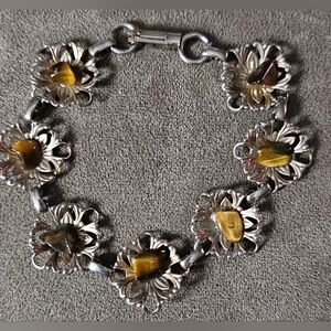 Vintage Tiger's Eye Polished Natural Gemstone Silver Tone Link Bracelet Retro